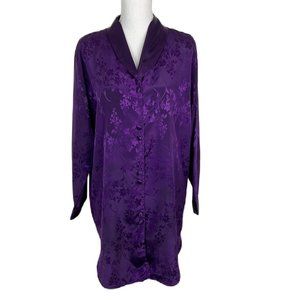 Hidden Fantasies Sleep Dress Women Small Purple Button Up Satin Leaf L/S Vintage